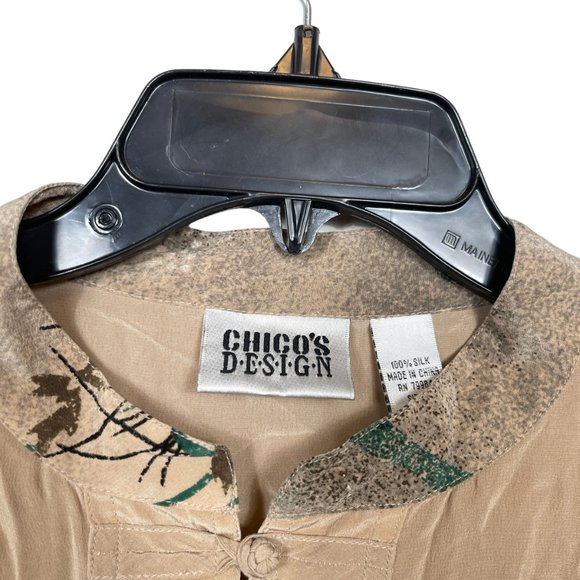 Chico's Design Silk Tunic Blouse Top Size 3 US XL Beige Floral Oriental Button - Picture 3 of 11